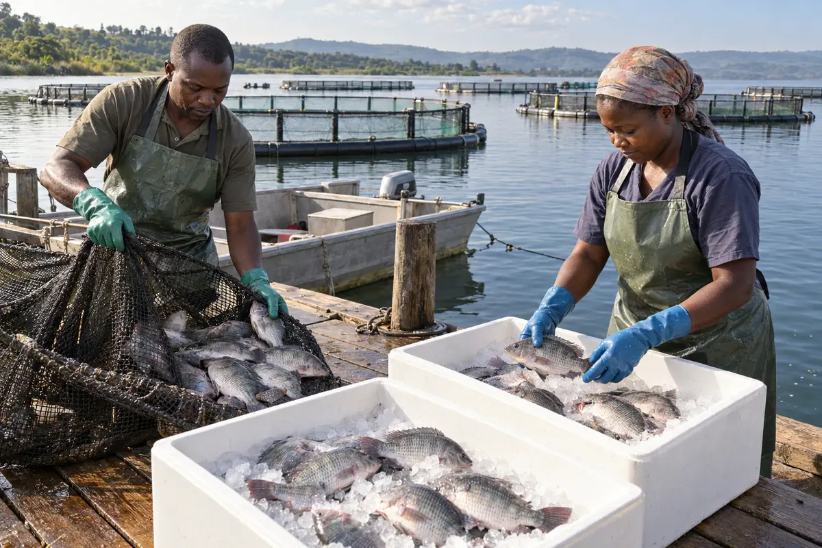 AI-generated illustration: two workers on a jetty sorting freshly harvested tilapia into boxes of ice, fish cages on the lake behind them.