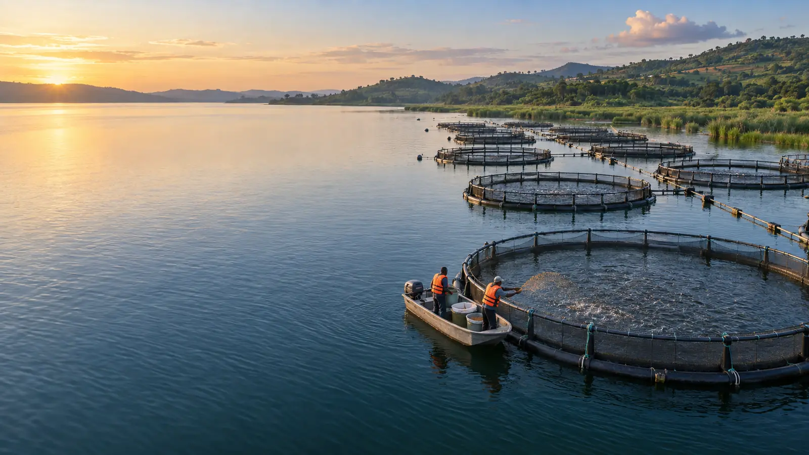 AI-generated illustration: round fish cages on a lake at sunrise, two workers feeding fish from a small boat.