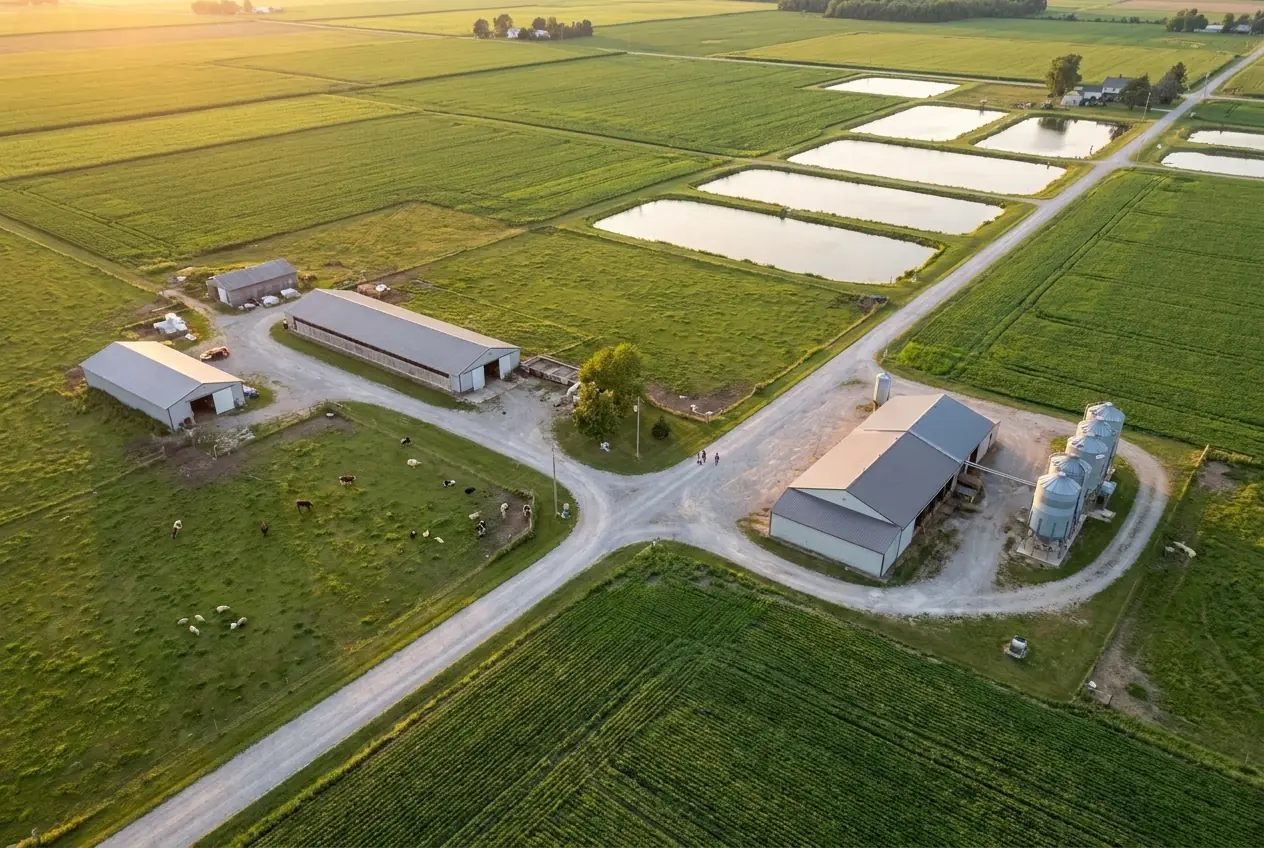AI-generated illustration: aerial view of a mixed farm at golden hour with crop fields, barns, feed silos, a pasture and a row of fish ponds.