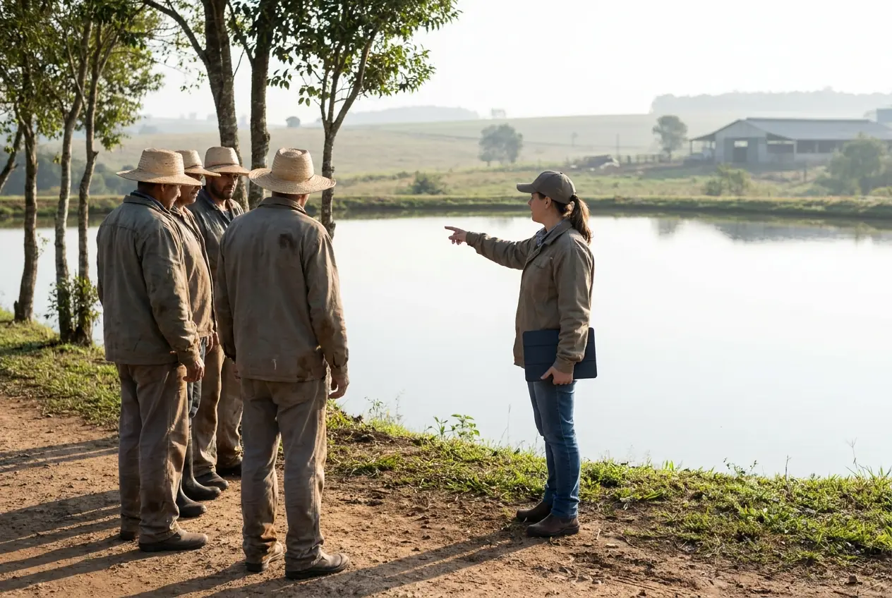AI-generated illustration: a trainer at the edge of a fish pond points across the water while a small group of farm workers listens.