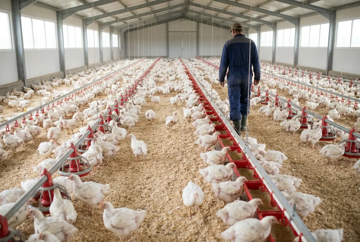 AI-generated illustration: inside a modern broiler house, white broiler chickens on wood-shavings litter between feeder and drinker lines, a farm worker seen from behind.
